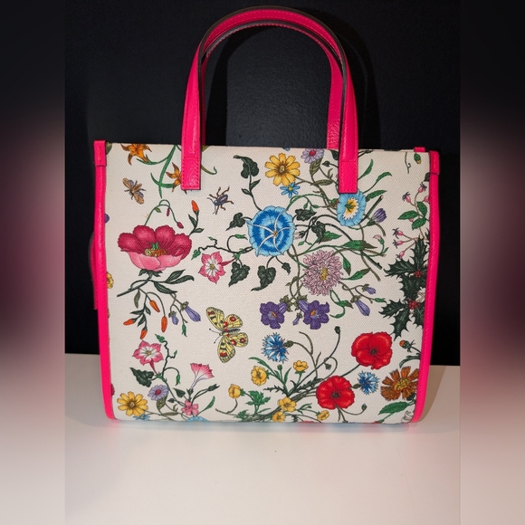 NWT Authentic Gucci Floral Cabas Shoulder Tote With Hot Pink Leather Accents - Picture 3 of 12